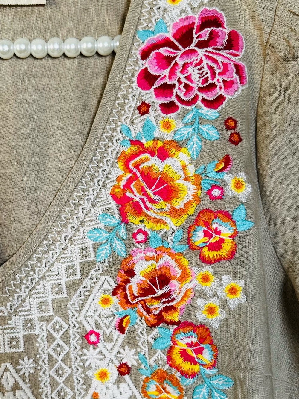 Savanna Jane Gray V-Neck Tunic with Pink, Yellow & Blue Floral Embroidery - Picture 4 of 12